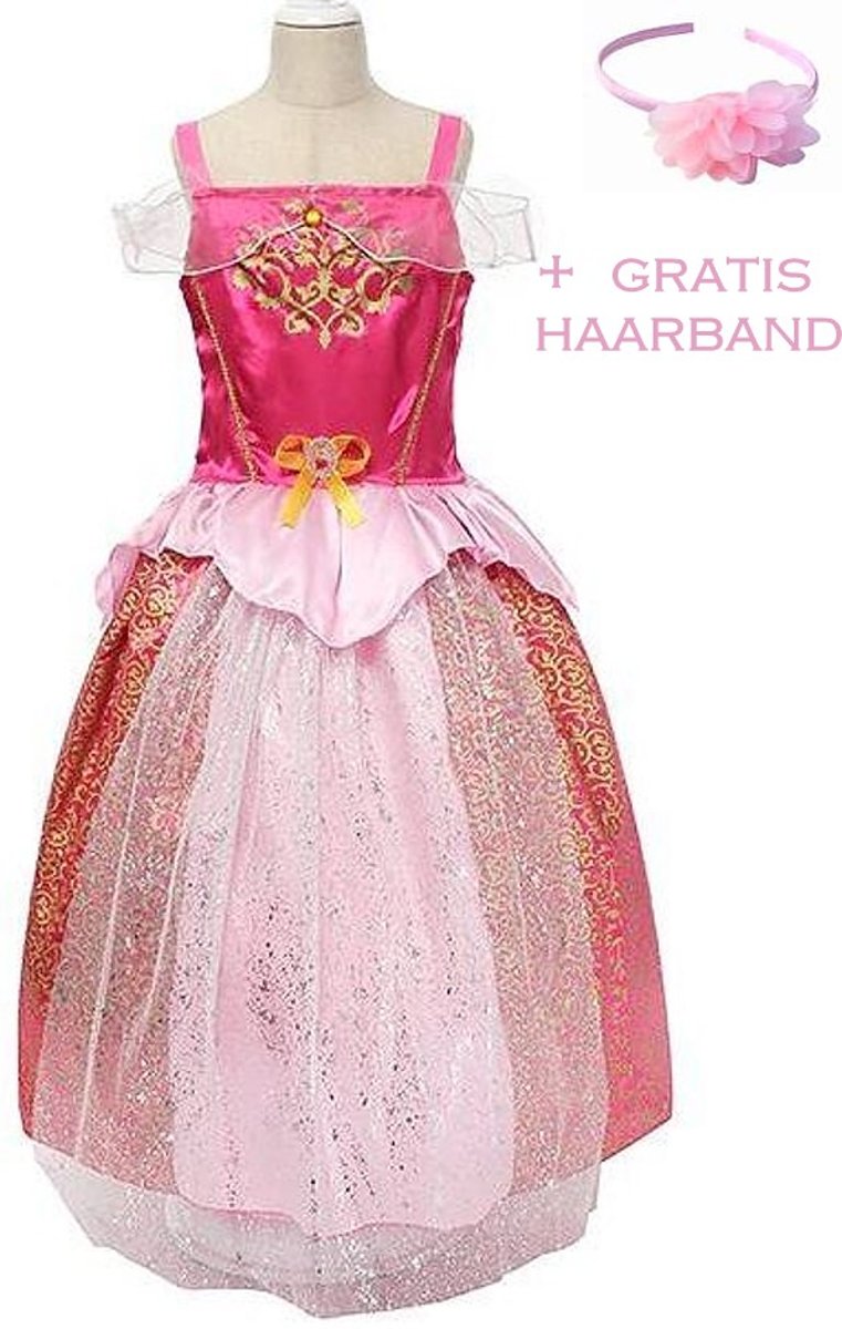 Doornroosje jurk Prinsessen jurk verkleedjurk 104-110 (120) fel roze goud met broche + GRATIS haarband