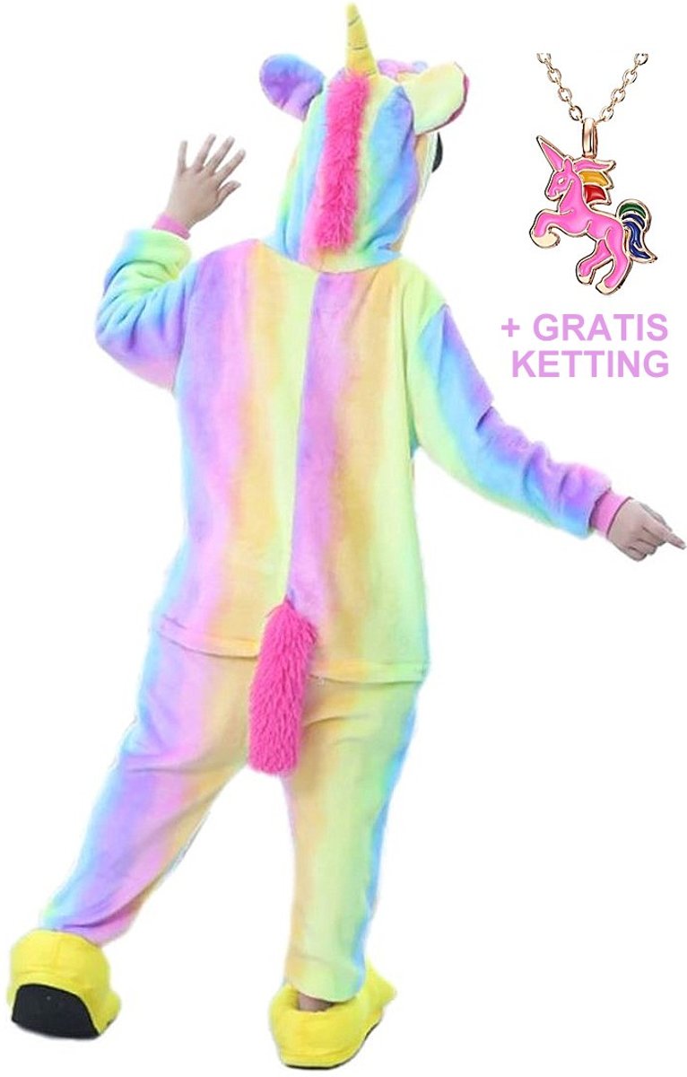 Eenhoorn Onesie Unicorn regenboog huispak kinderen - 128-134 (130)  + GRATIS ketting verkleedkleding jurk