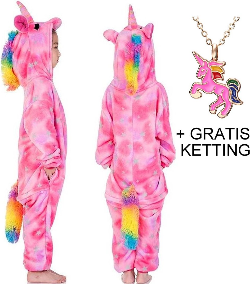 Eenhoorn Onesie Unicorn roze huispak kostuum kinderen - 104-110 (110) + GRATIS ketting verkleedkleding jurk