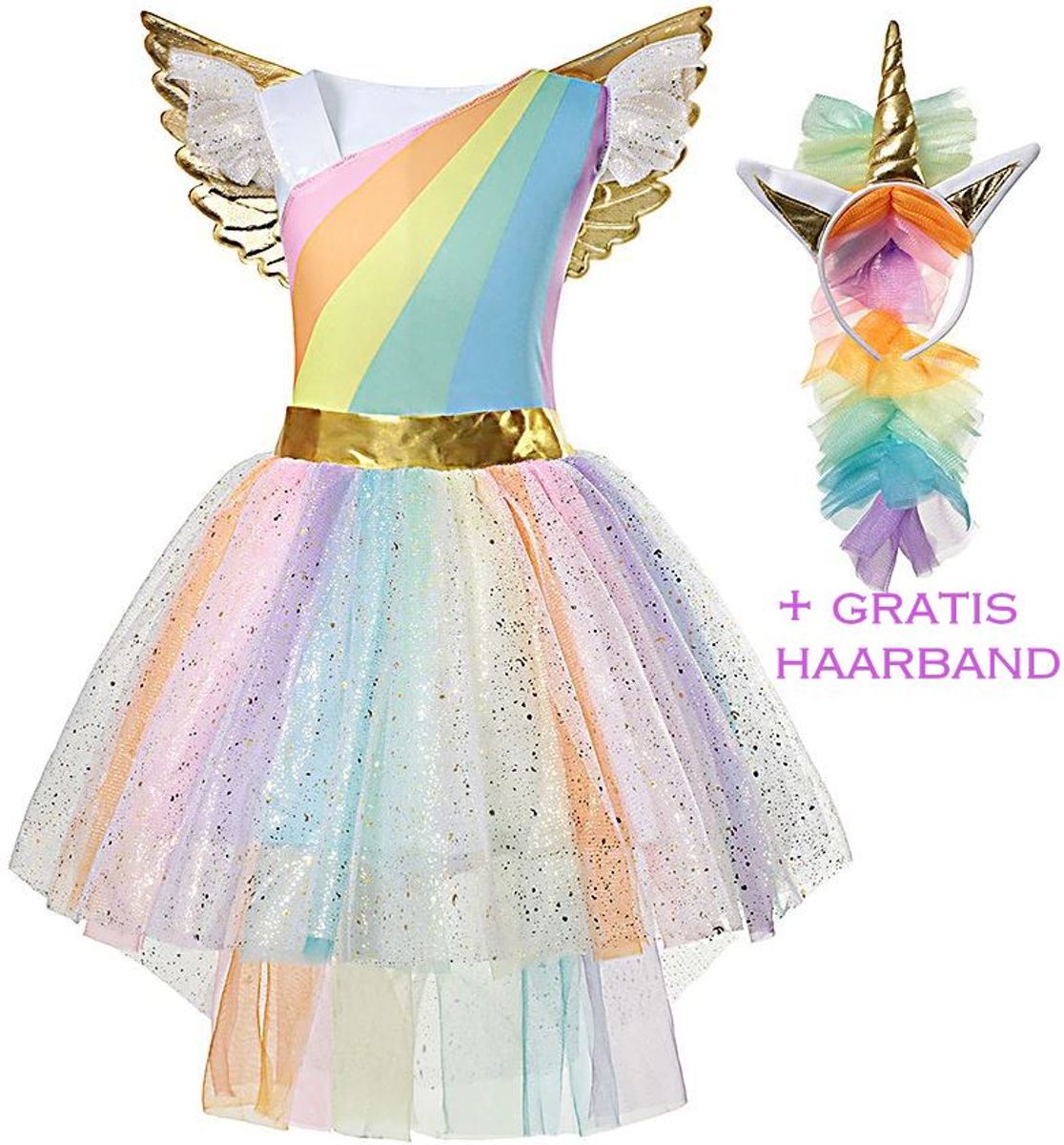 Eenhoorn jurk unicorn jurk eenhoorn kostuum - 104-110 (S) prinsessen jurk verkleedjurk regenboog + GRATIS haarband