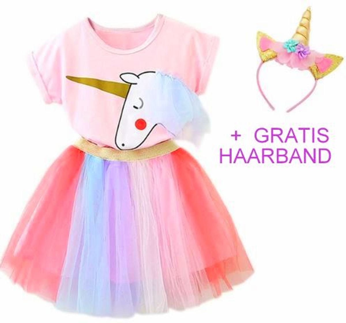 Eenhoorn jurk unicorn jurk set eenhoorn kostuum - 104-110 (110) prinsessen jurk tutu verkleedjurk + GRATIS haarband