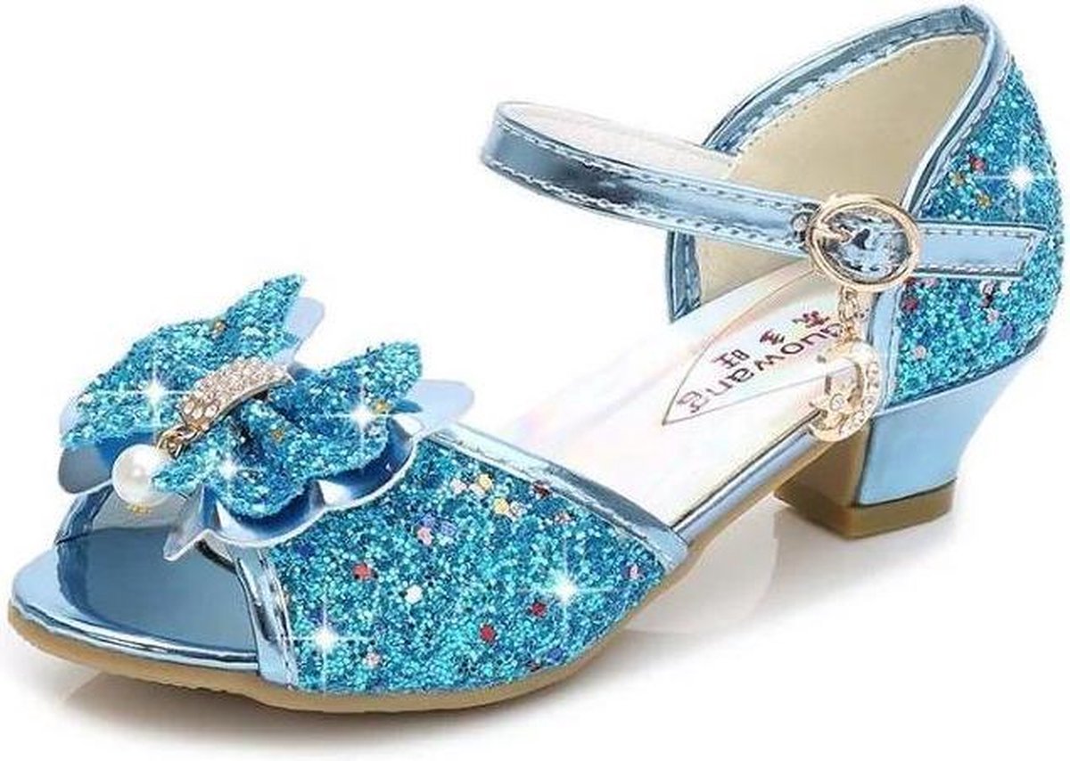 Elsa Frozen Prinsessen schoenen blauw glitter strikje maat 35 - binnenmaat 22 cm - bij jurk verkleedkleding