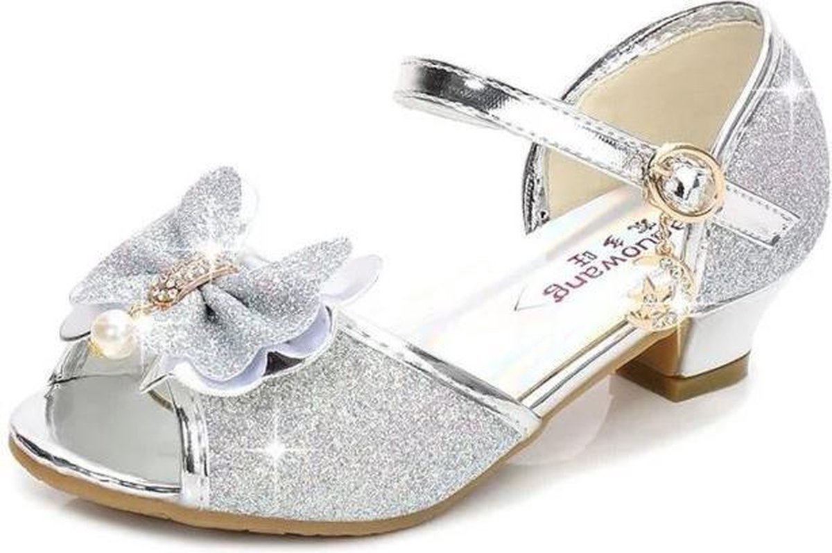 Elsa Frozen Prinsessen schoenen zilver glitter strikje maat 31 - binnenmaat 19,5 cm - bij jurk verkleedkleding