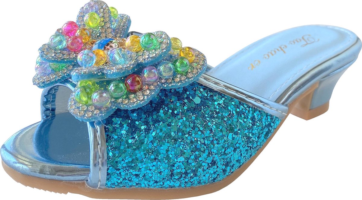 Elsa Frozen Prinsessen slipper schoenen blauw glitter met hakje maat 26 - binnenmaat 16,5 cm - bij jurk verkleedkleding