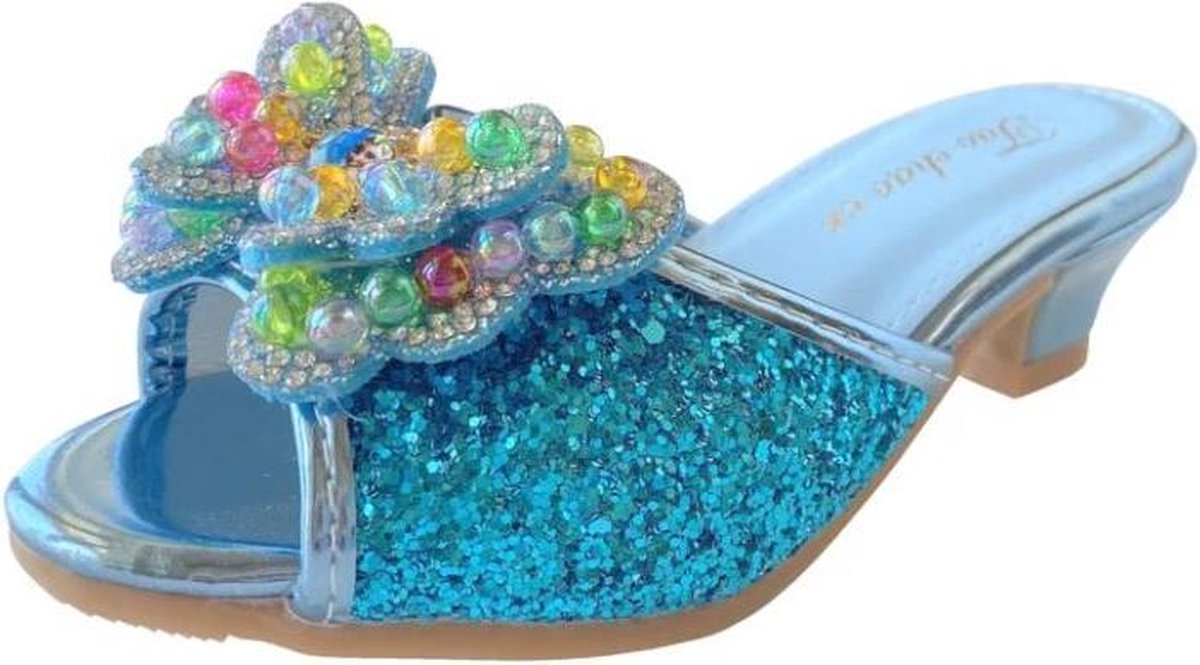 Elsa Frozen Prinsessen slipper schoenen blauw glitter met hakje maat 30 - binnenmaat 18,5 cm - bij jurk verkleedkleding