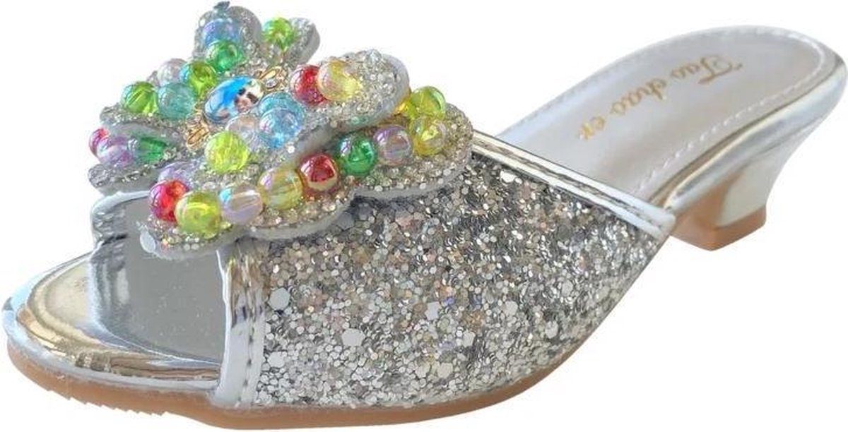 Elsa Frozen Prinsessen slipper schoenen zilver glitter met hakje maat 26 - binnenmaat 16,5 cm - bij jurk verkleedkleding