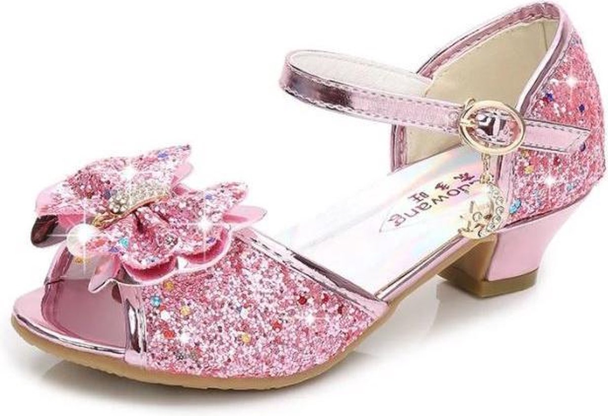 Elsa Frozen prinsessen schoenen roze glitter strikje maat 33 - binnenmaat 20,5 cm - bij jurk verkleedkleding