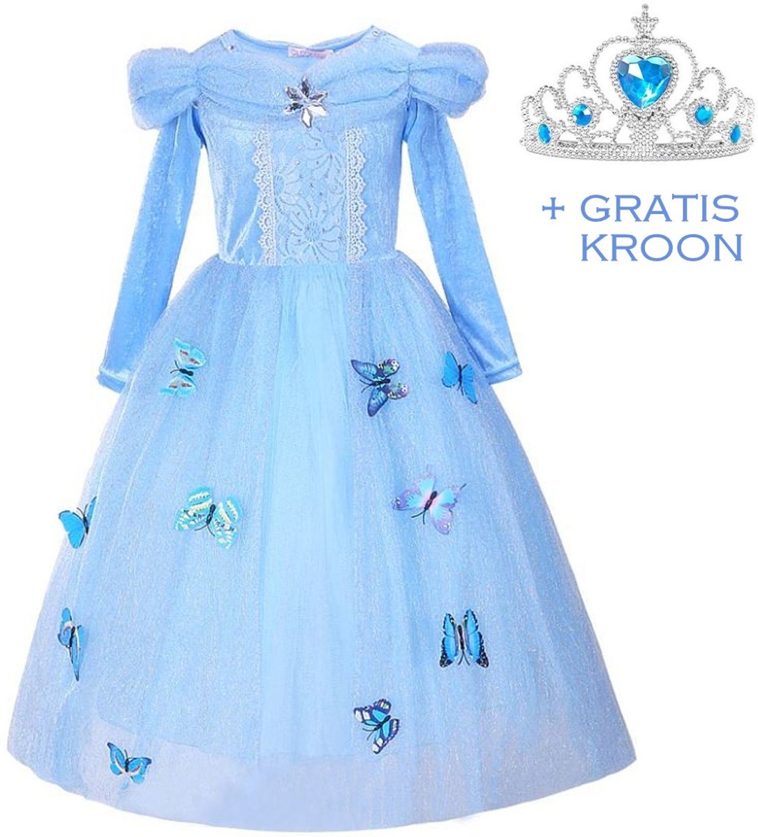 Prinsessen jurk verkleedjurk 104-110 (110) blauw Luxe met vlinders + GRATIS kroon