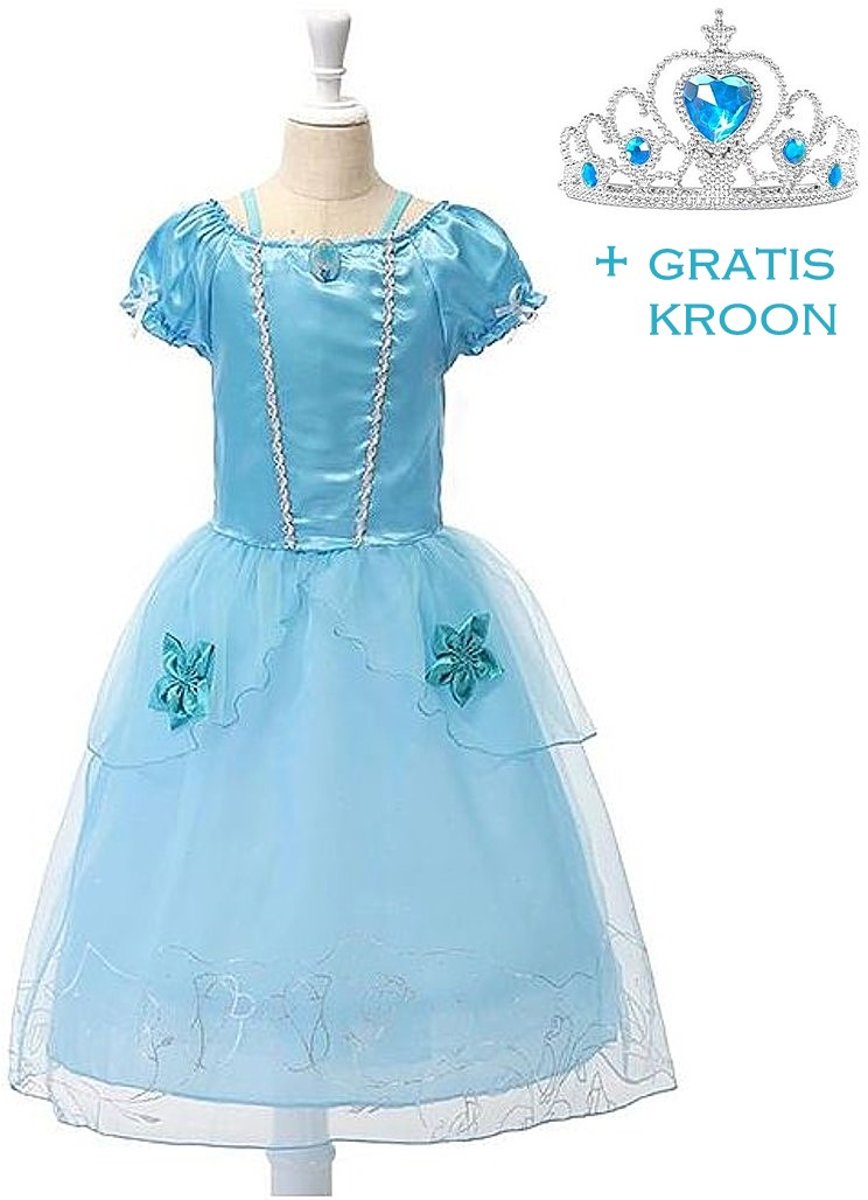 Prinsessen jurk verkleedjurk 104-110 (110) blauw met broche + GRATIS kroon