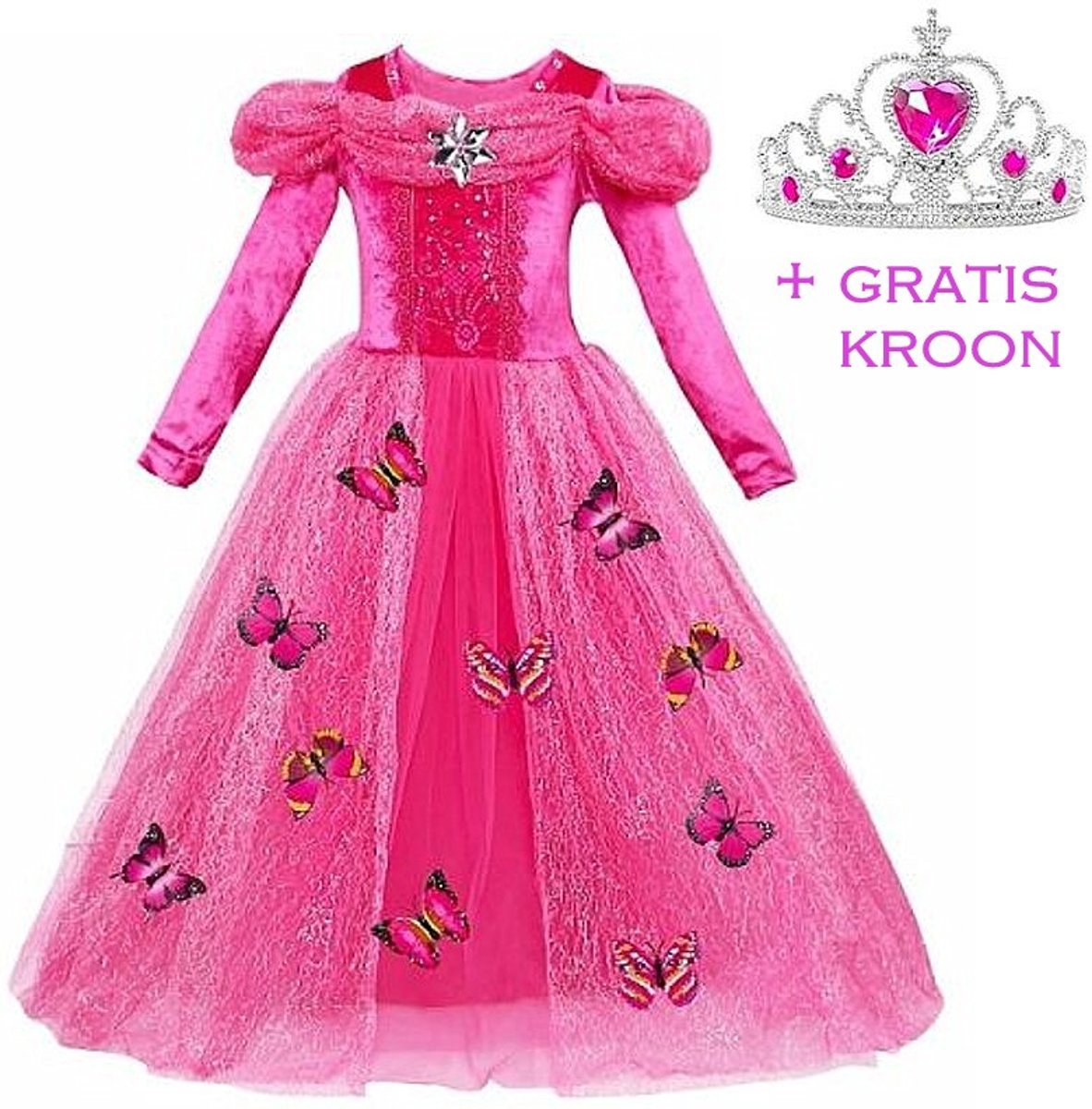 Prinsessen jurk verkleedjurk 104-110 (110) fel roze Luxe met vlinders + GRATIS kroon