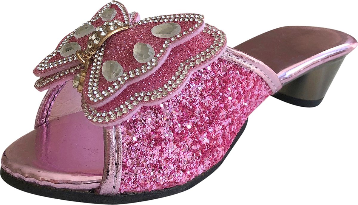 Prinsessen slipper schoenen vlinder roze glitter met hakje maat 28 - binnenmaat 17,5 cm - bij jurk verkleedkleding