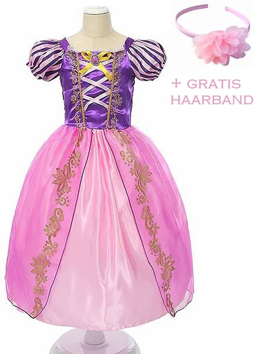 Rapunzel jurk Prinsessen jurk verkleedjurk 116-122 (130) roze paars met broche + GRATIS haarband