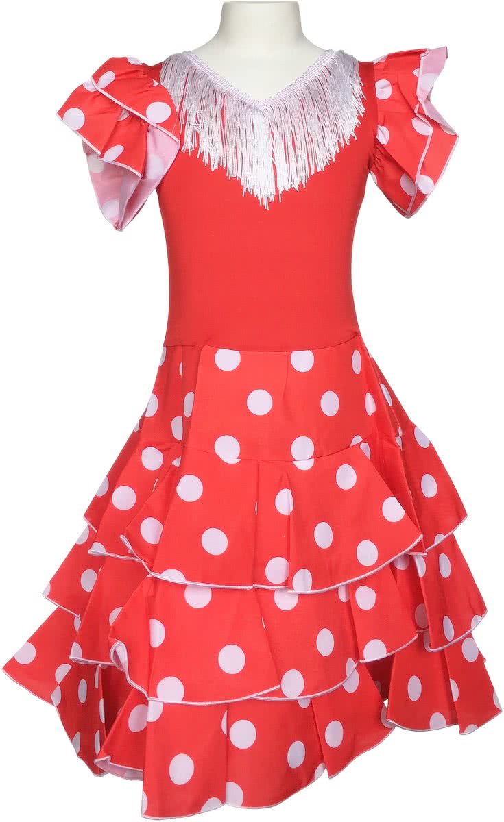 Spaanse jurk - Flamenco - Niño - Rood/Wit - Maat 116/122 (8) - Verkleed jurk