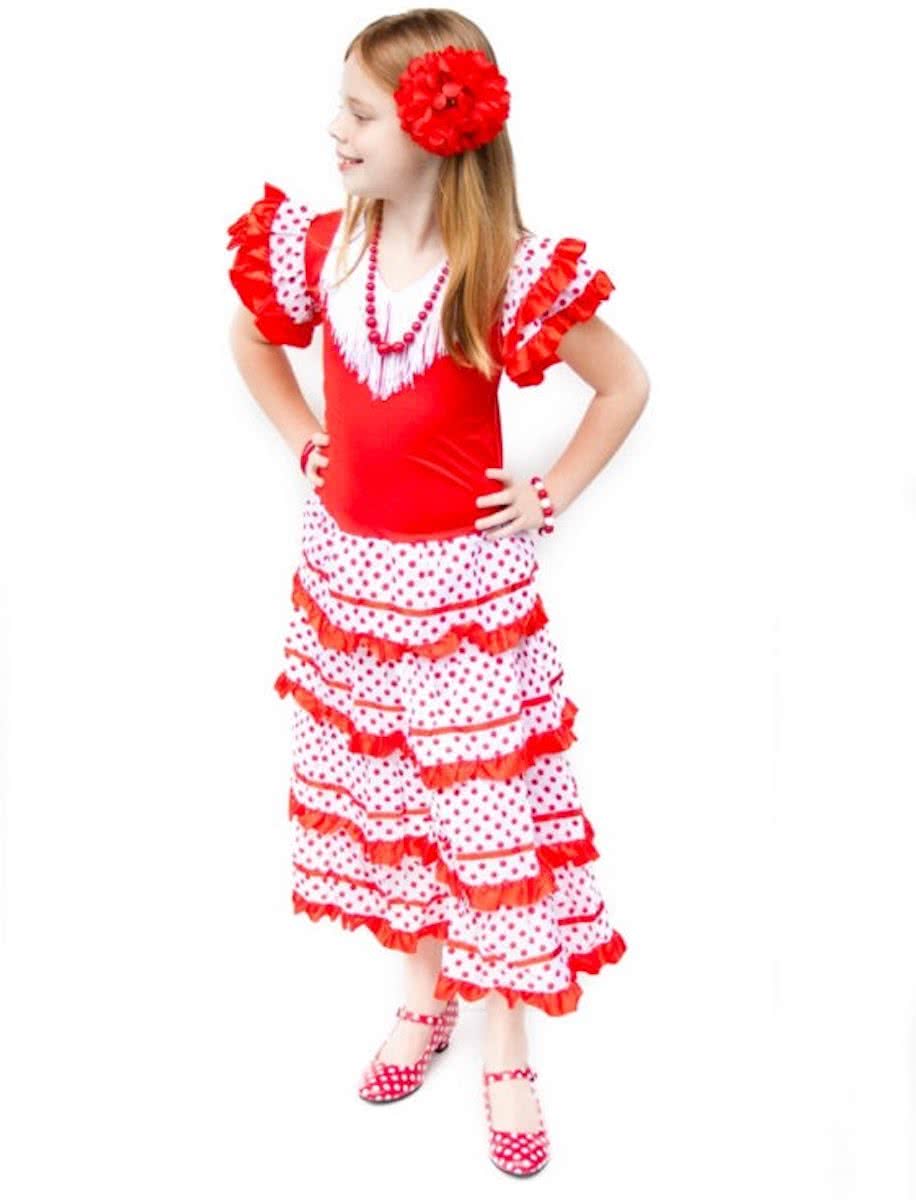 Spaanse jurk - Flamenco - Rood/Wit - Maat 116/122 (8) - Verkleed jurk