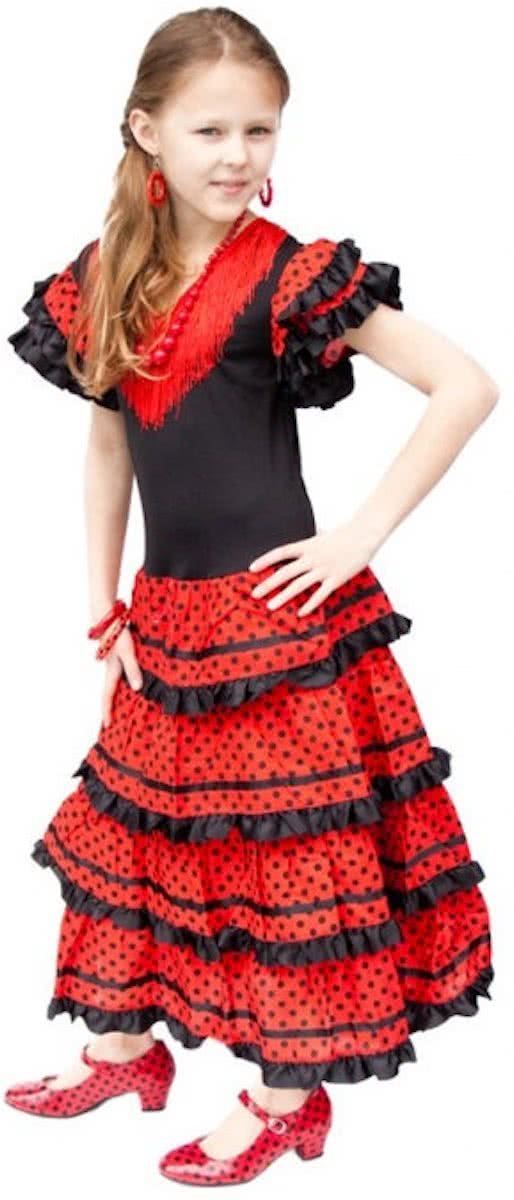 Spaanse jurk - Flamenco - Zwart/Rood - Maat 140/146 (12) - Verkleed jurk