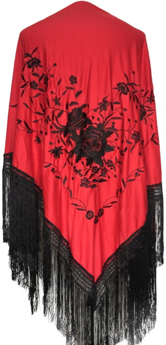 Spaanse manton - omslagdoek - rood zwart Large met zwarte franjes bij verkleedkleding of Flamenco jurk