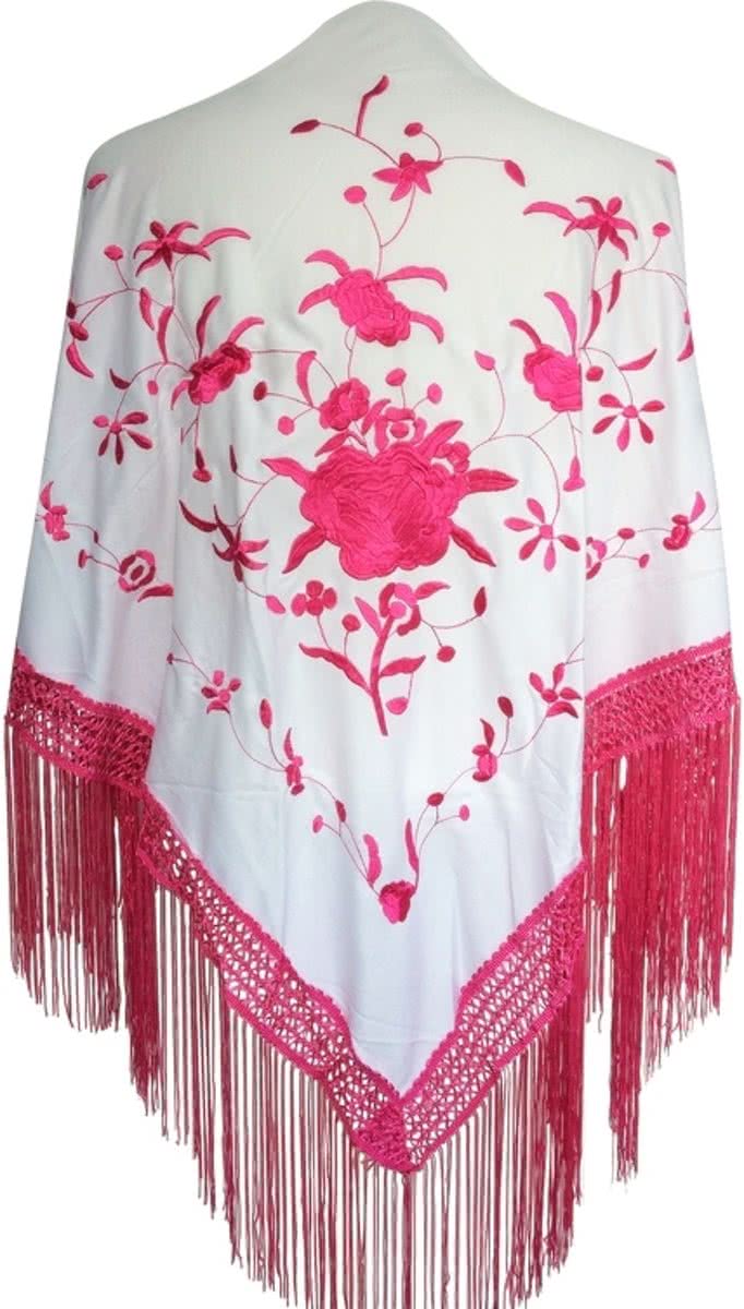 Spaanse manton - omslagdoek - wit roze bij verkleedkleding of Flamenco jurk