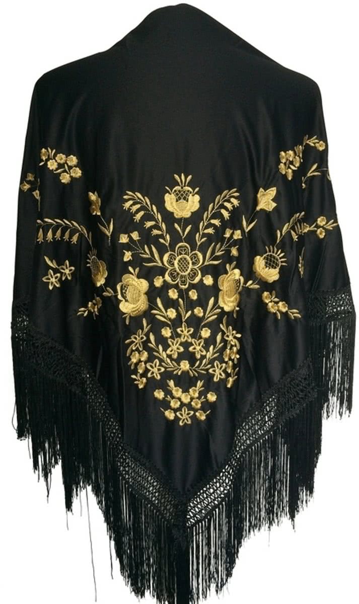 Spaanse manton - omslagdoek - zwart goud bij verkleedkleding of Flamenco jurk