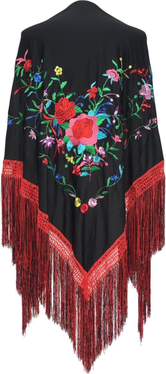 Spaanse manton - omslagdoek - zwart met diverse bloemen Large bij verkleedkleding of Flamenco jurk