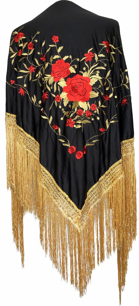 Spaanse manton - omslagdoek - zwart rood goud met gouden franjes Large verkleedkleding Flamenco jurk