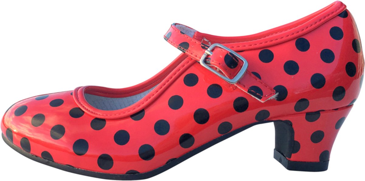 Spaanse schoenen rood zwart glossy maat 25 (binnenmaat 16,5 cm) bij jurk