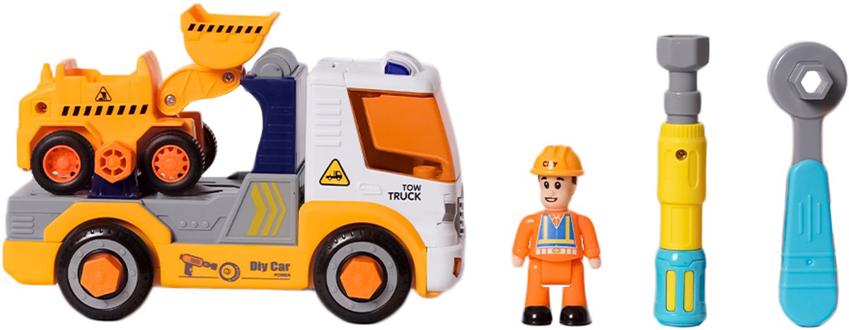 Speelgoedtopdeals - Demonteerbare Takelwagen met Graafmachine - Educatief Speelgoed – DIY met schroevendraaier