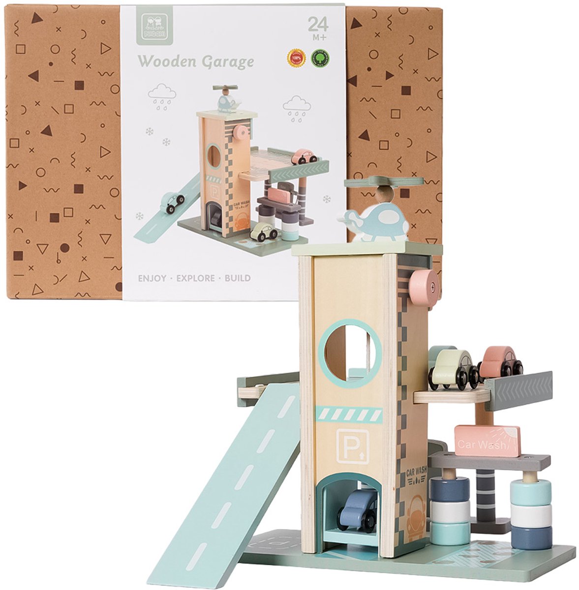   - Houten Parkeergarage en Tankstation en Lift - 18-delig - Pastelkleur - Montessori Educatief Speelgoed