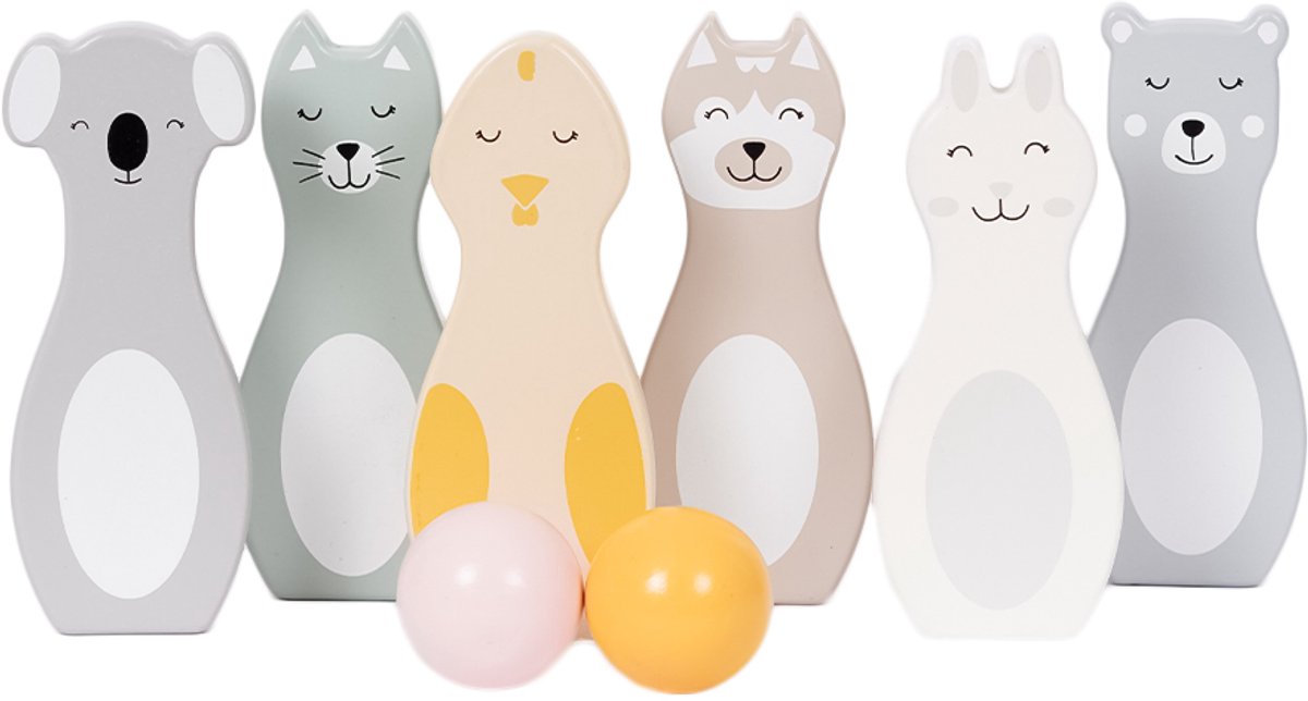   – Houten Dieren Bowling set   – Actiespel – Speelgoed – 8 delig - 13 cm