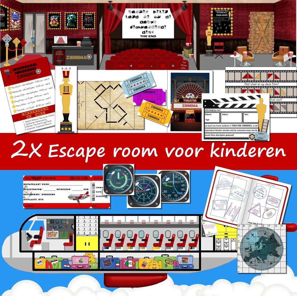 2x Escape room voor kinderen – Ontsnap uit het vliegtuig – Ontsnap uit de bioscoop – 8 t/m 14 jaar – 1 tot 4 kinderen – Compleet draaiboek – Print zelf uit!