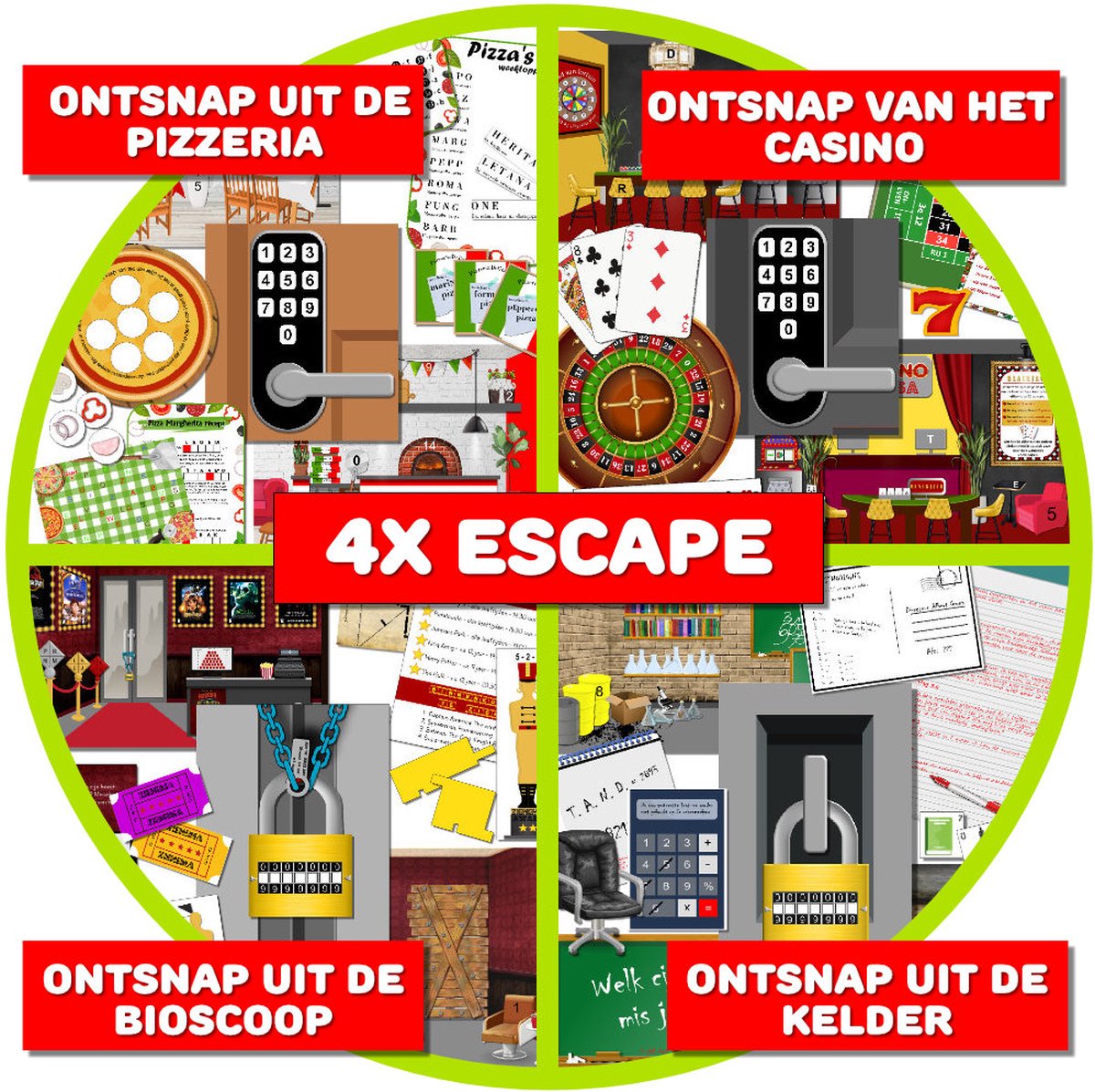 Escape room voor kinderen - Bundel 4 -  4x escape spel - kinderfeestje - 8 t/m 12 jaar - compleet draaiboek - print zelf uit – snel in huis!