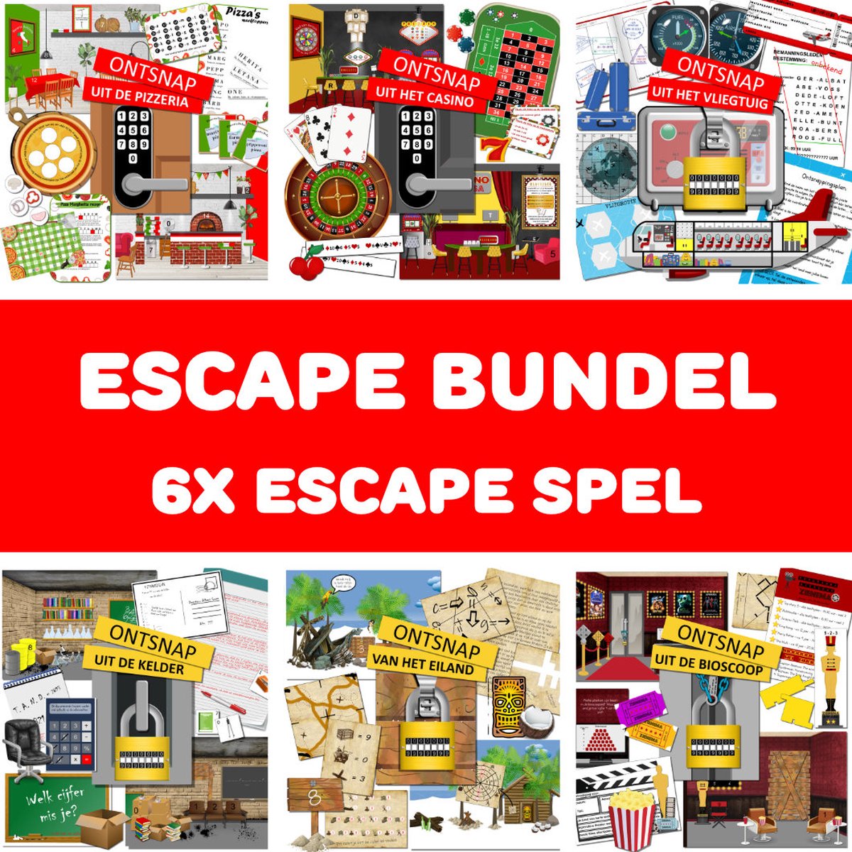 Escape room voor kinderen - Bundel 5 -  6x escape spel - kinderfeestje - 8 t/m 12 jaar - compleet draaiboek - print zelf uit – snel in huis!