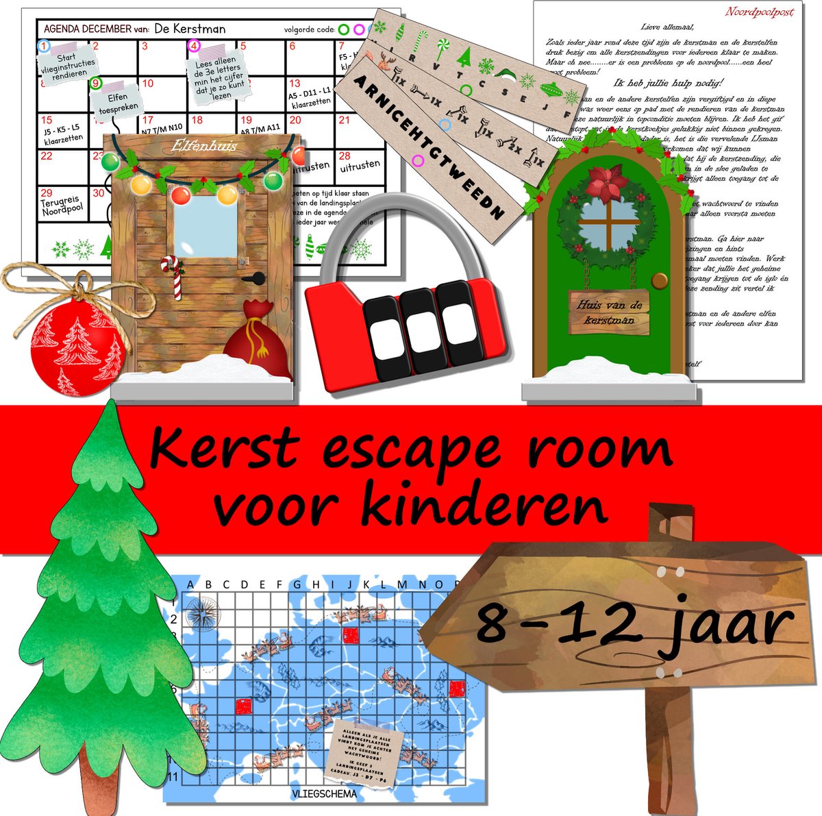 Kerst Escape room voor kinderen – 8 t/m 12 jaar – ‘Paniek op de Noordpool’ – compleet draaiboek – Print zelf uit!