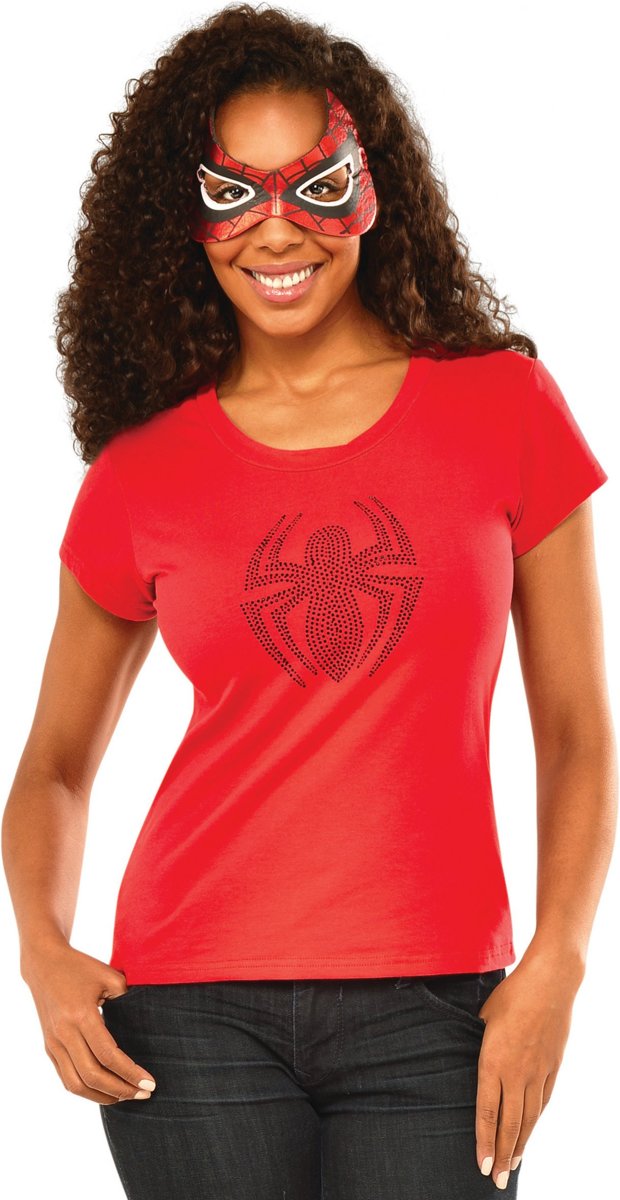 Spidergirl™ strass t-shirt en masker voor vrouwen - Verkleedkleding - Maat M