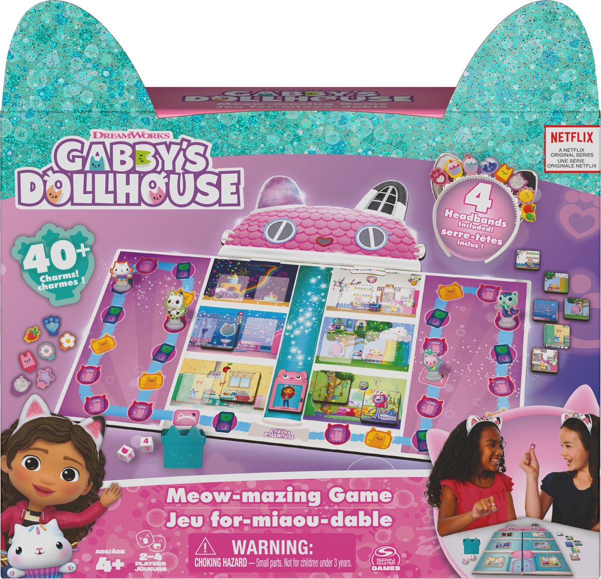 Spin Master Games - Gabbys Dollhouse formiauwdabel speelbord gebaseerd op de DreamWorks Netflix-serie met 4 kattenoorhoofdbanden