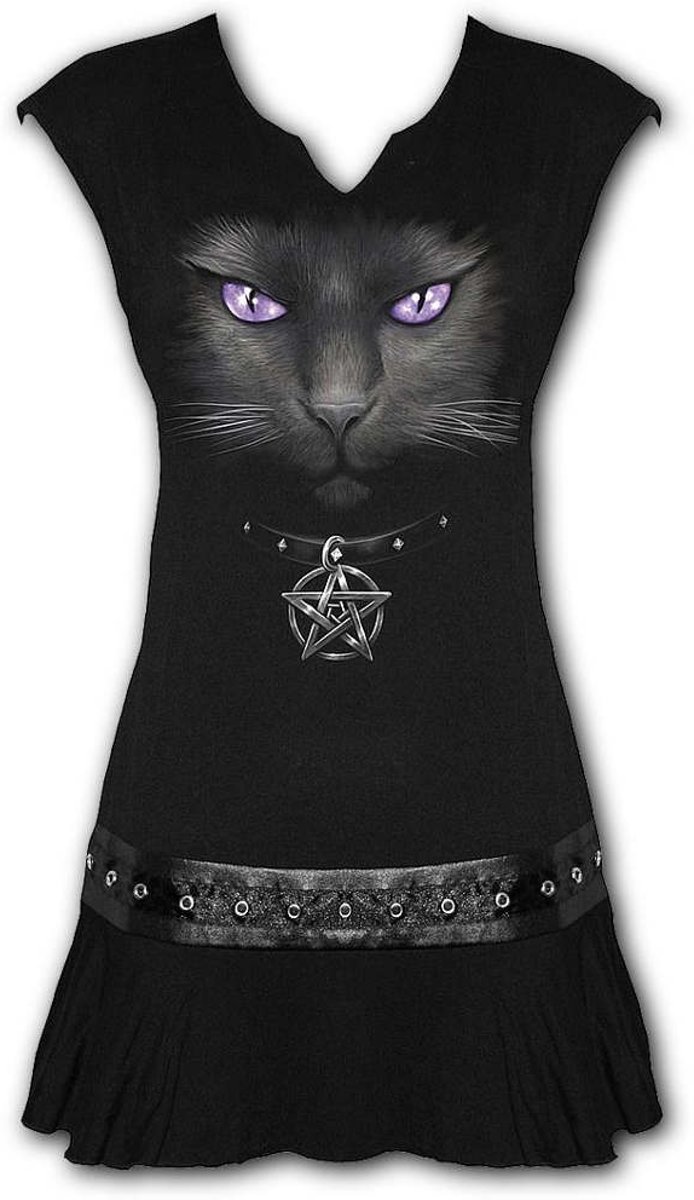 Black Cat, gothic fantasy metal kat pentagram jurk zwart - L - Spiral