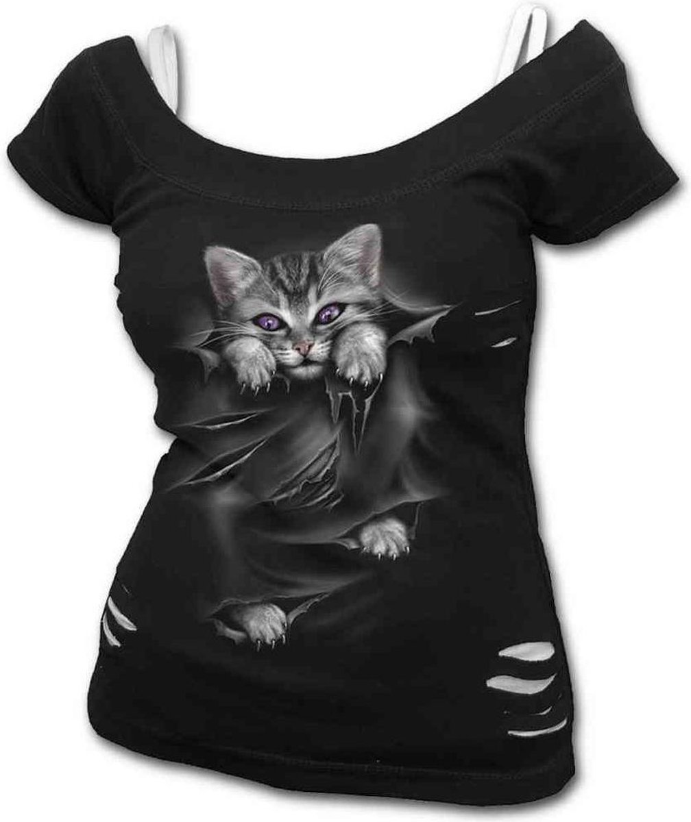 Bright Eyes, gothic fantasy metal kat top zwart - XL - Spiral