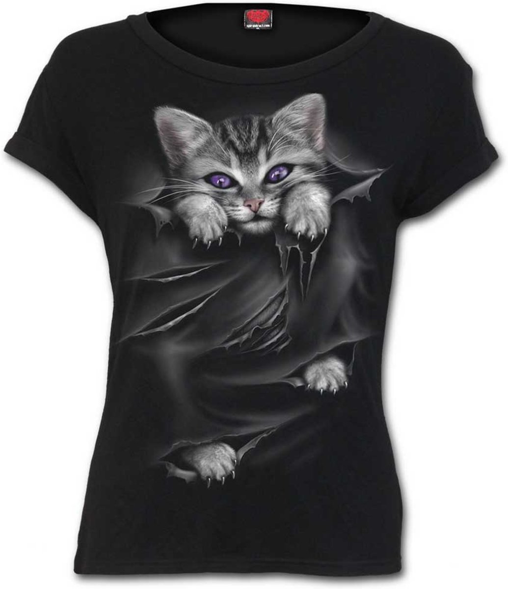 Bright Eyes, gothic metal fantasy katten dames top met kap mouwen en boat neck zwart - XL - Spiral Direct