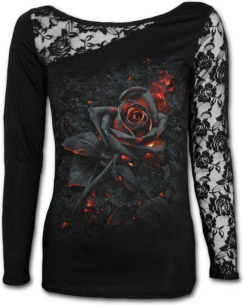 Burnt Rose, gothic metal fantasy dames shirt met lange mouwen en kant zwart - S - Spiral