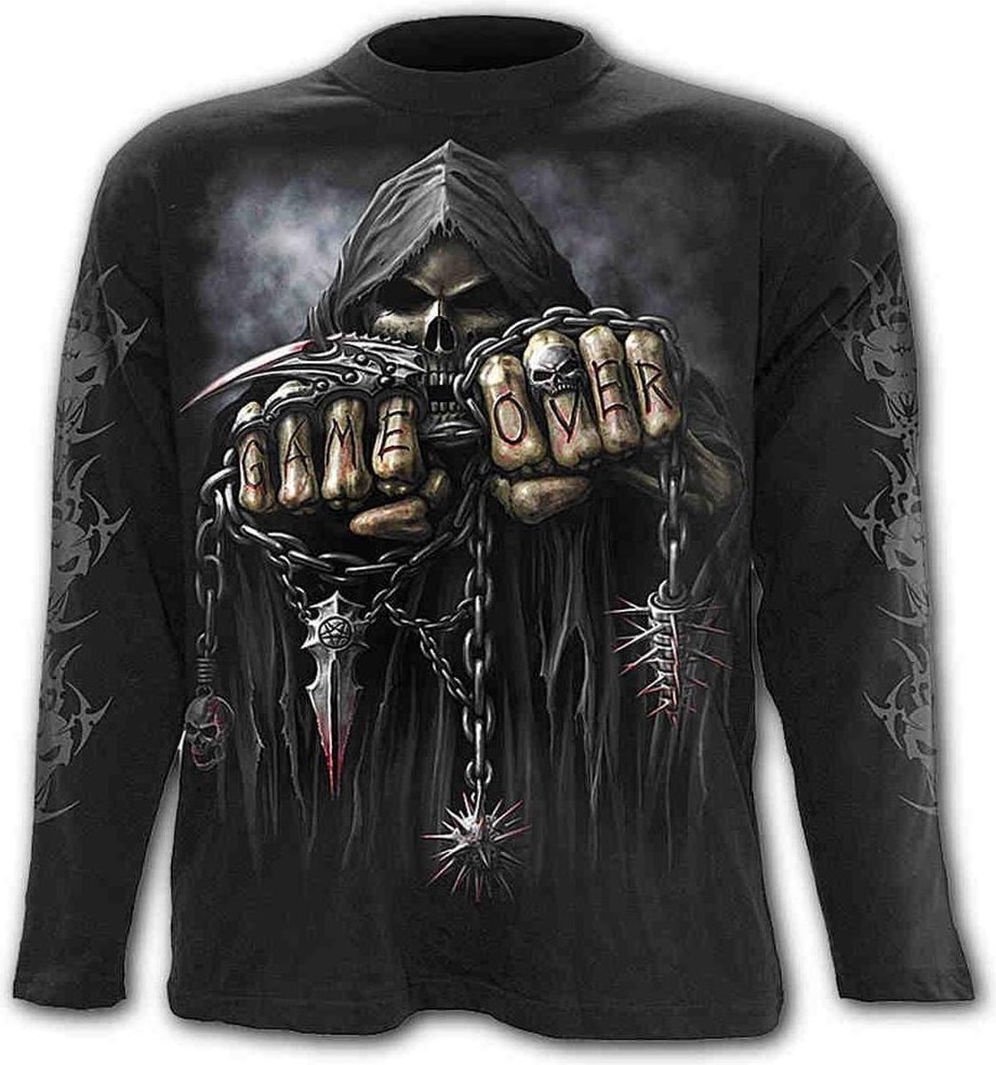 Game Over, gothic fantasy metal rock skelet mannen shirt met lange mouwen zwart - XXL - Spiral