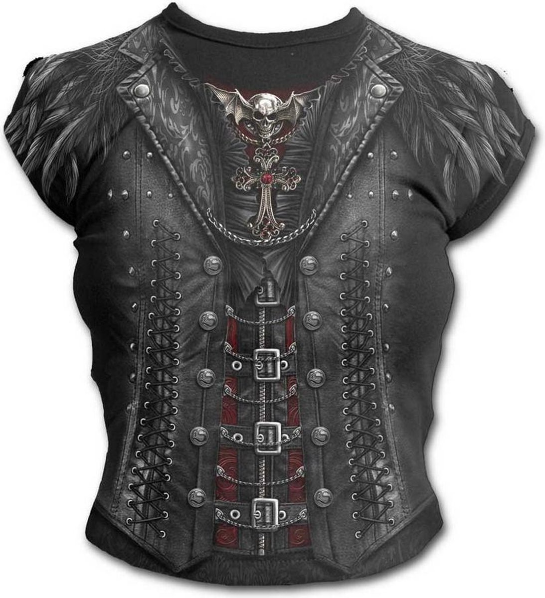 Gothess Wrap, gothic fantasy metal steampunk top met kap mouwen en all over print zwart - S - Spiral Direct