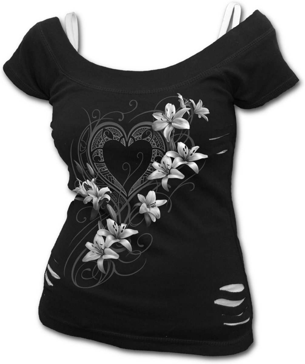 Pure Of Heart, gothic fantasy metal dames top met dubbele laag en bloemen print zwart/wit - XL - Spiral