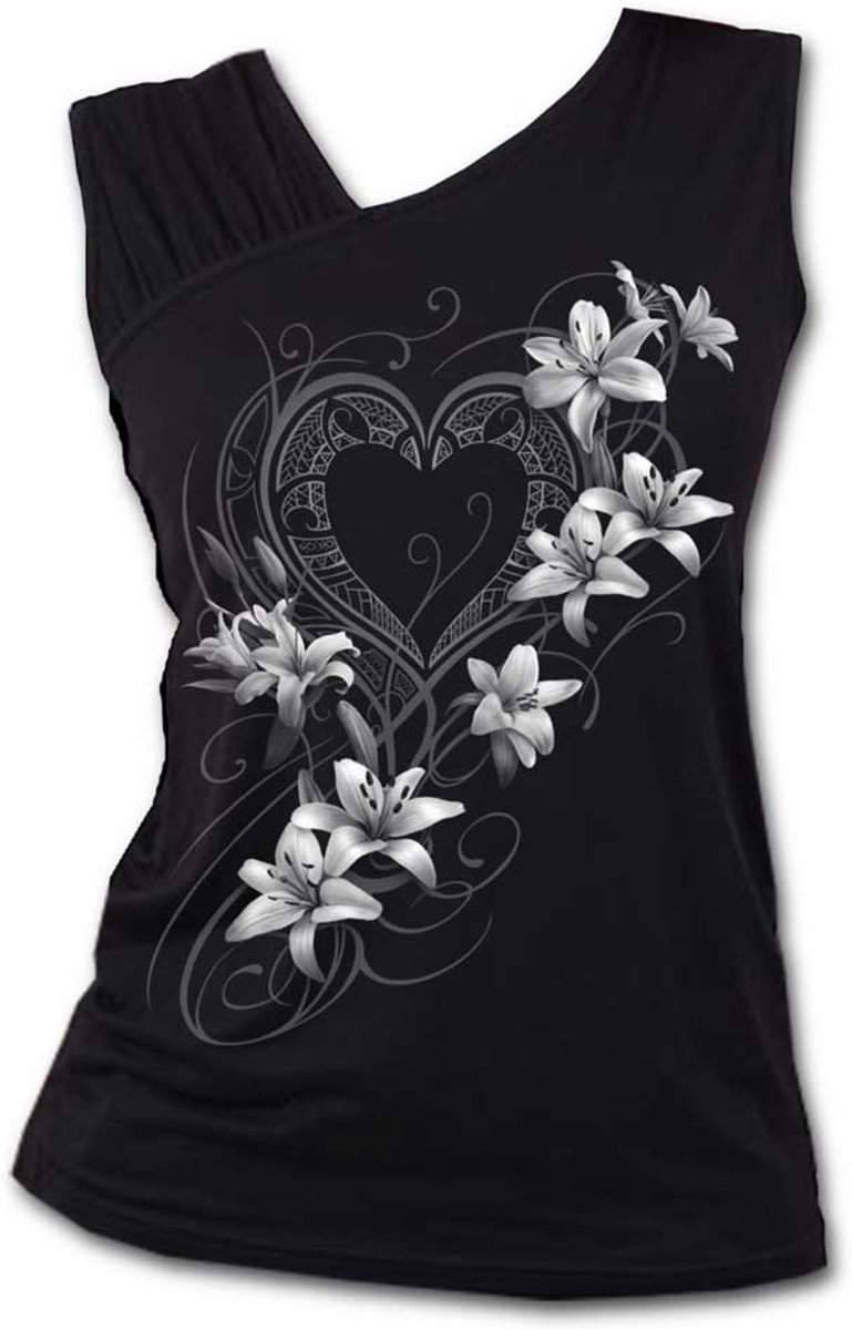 Pure Of Heart, gothic metal fantasy dames top met geplooide schouder detail zwart - M - Spiral