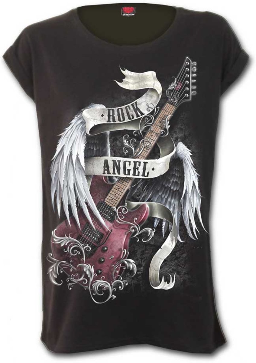 Rock Angel, gothic metal fantasy dames T-shirt met omgevouwen mouwen zwart - M - Spiral