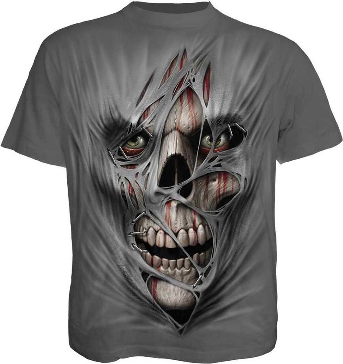 Stitched Up, gothic metal horror schedel T-shirt grijs - S - Spiral