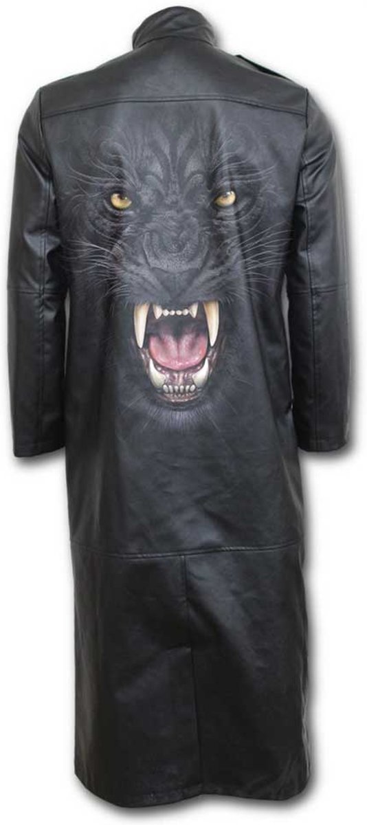 Tribal Panther, gothic metal fantasy nep leren lange trench heren jas zwart - L - Spiral