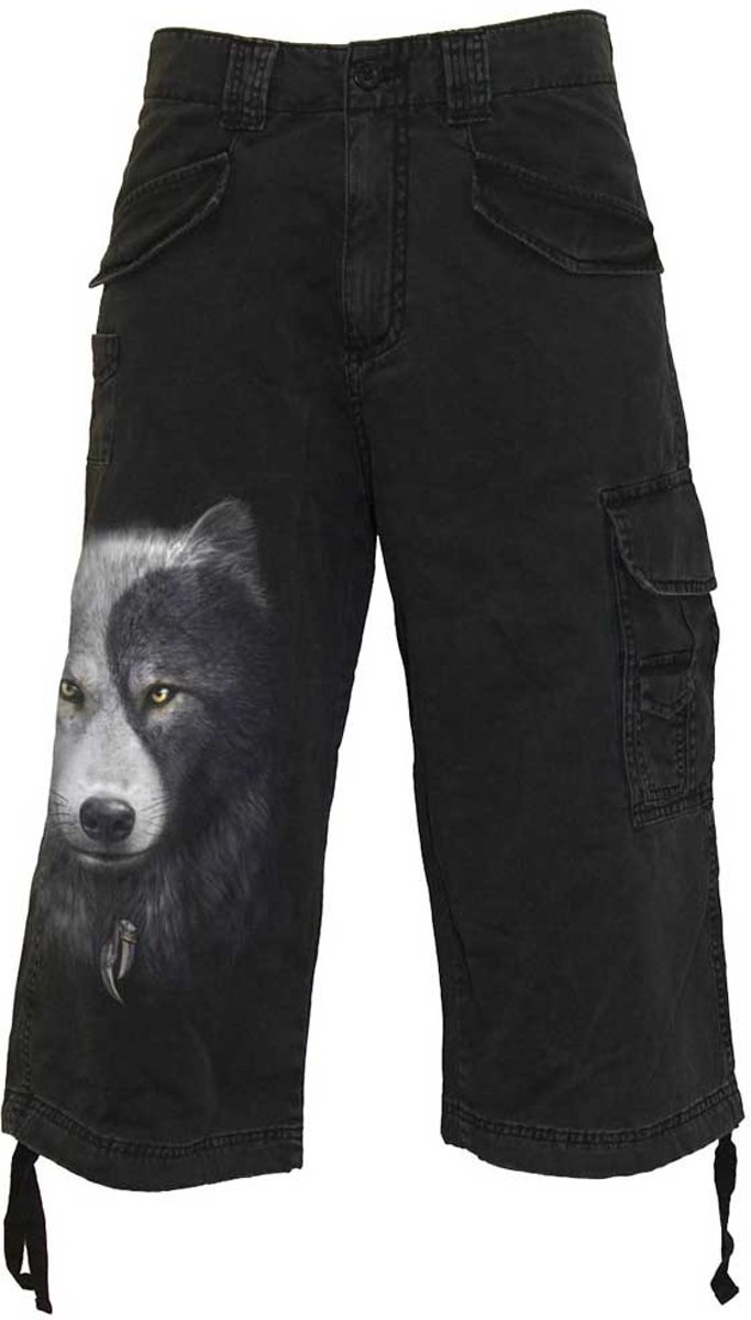 Wolf Chi, gothic fantasy metal wolven yin yang cargo driekwart broek zwart - L - Spiral