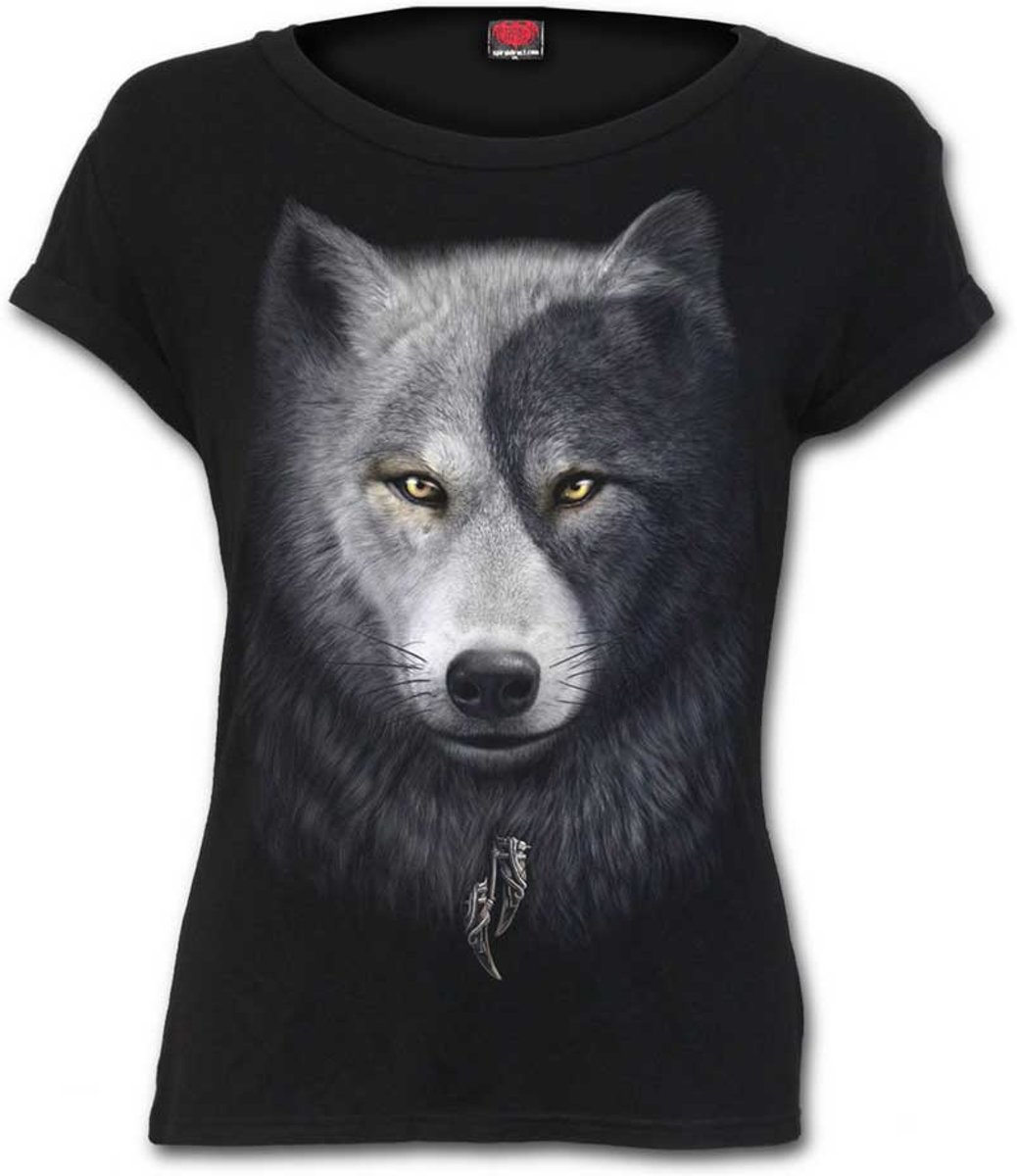 Wolf Chi, gothic metal fantasy wolven dames top met boothals en kapmouwen zwart - S - Spiral