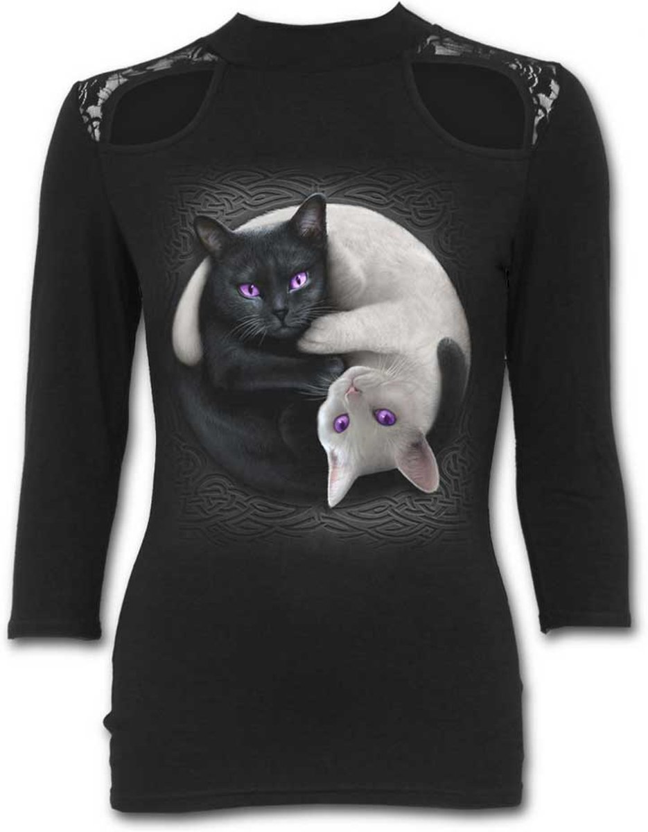 Yin Yang Cats, gothic metal fantasy dames top met driekwart mouwen en kanten schouders zwart - XXL - Spiral