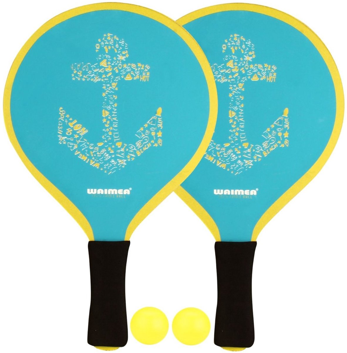 Beachball Beach Tennis Strandtennis Peddelbal Set - Foam Grip - 2 Bats & 2 Balletjes - Blauw / Geel /Zwart