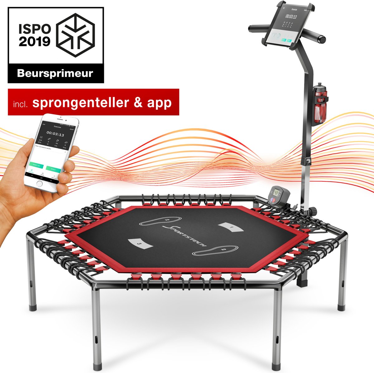 Sportstech Germany - HTX100, beursprimeur 2018!, Smart Fitness-trampoline met app + springteller en hartslagmeter, 133 cm, opvouwbaar, 8x in hoogte verstelbaar, handvat met handy- en bidonhouder